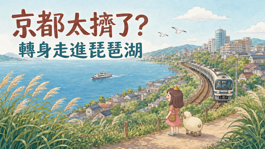 京都延伸至滋賀琵琶湖的湖岸鐵路旅行插畫