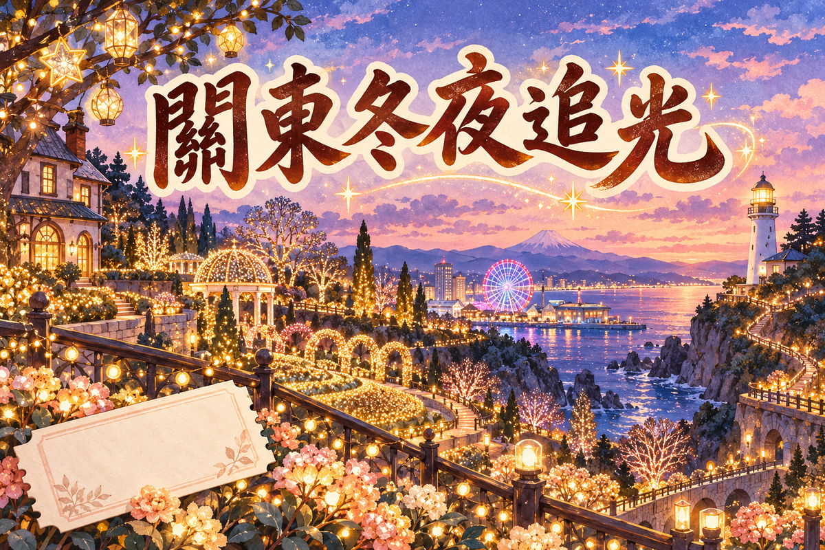 關東冬夜追光主題插畫，以花園燈飾、摩天輪和海岸夜景呈現冬季旅行氣氛