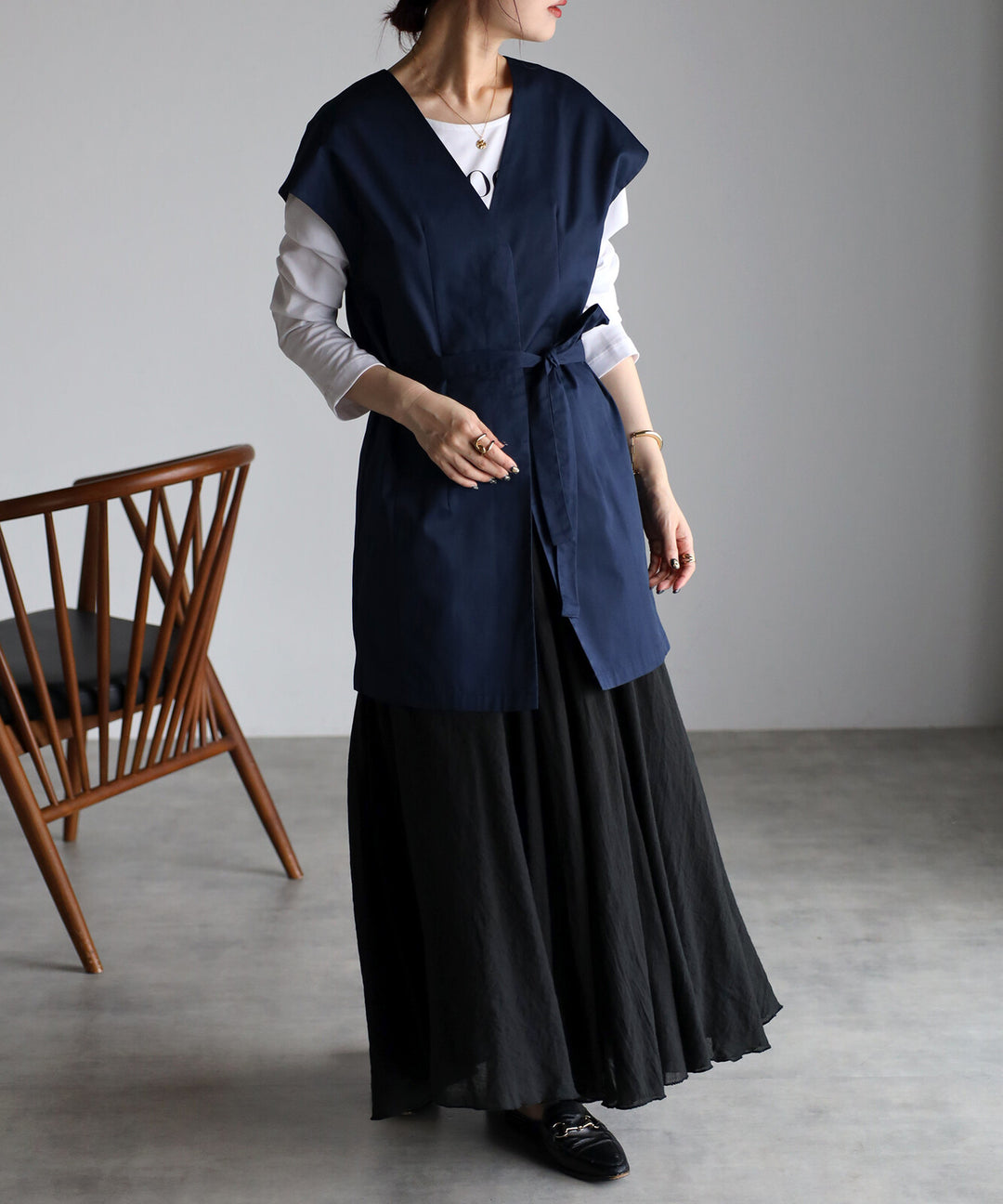 【TOPWHOLE】附腰帶長版V領背心 海軍藍 Japan E-Shop