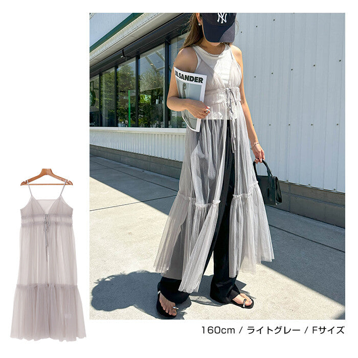 【Alma Design】前綁帶薄紗抽褶削肩洋裝 可調式肩帶設計 顏色