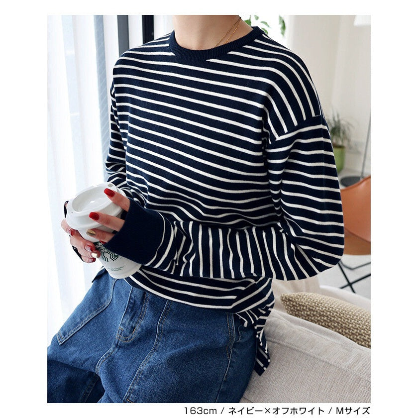 【evernavy】純棉細針織條紋圓領長袖上衣 Japan E-Shop