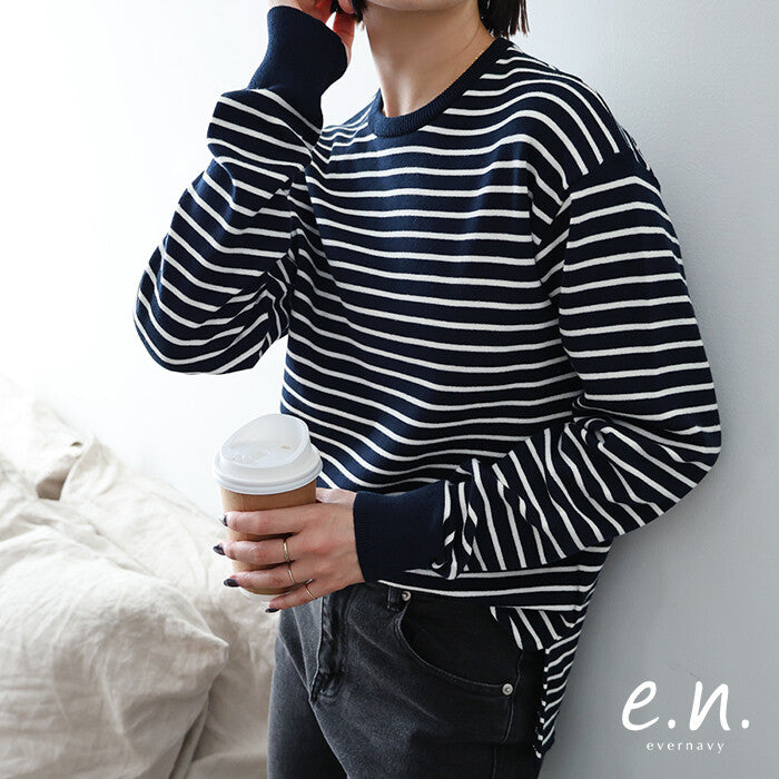 【evernavy】純棉細針織條紋圓領長袖上衣 Japan E-Shop