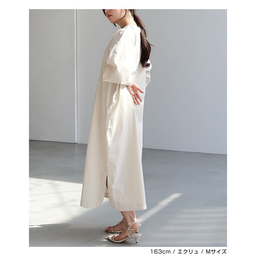 【evernavy】挺身棉混紡澎袖長版洋裝 Japan E-Shop