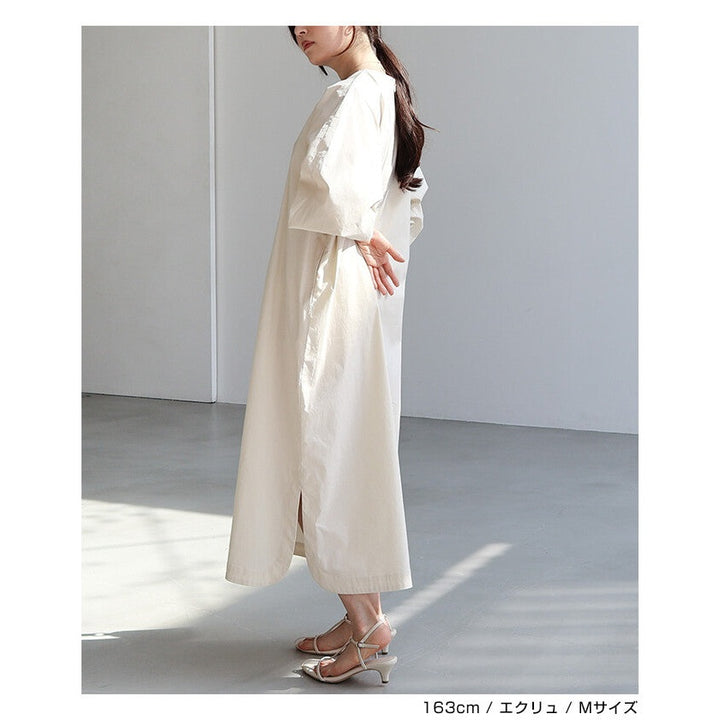 【evernavy】挺身棉混紡澎袖長版洋裝 Japan E-Shop