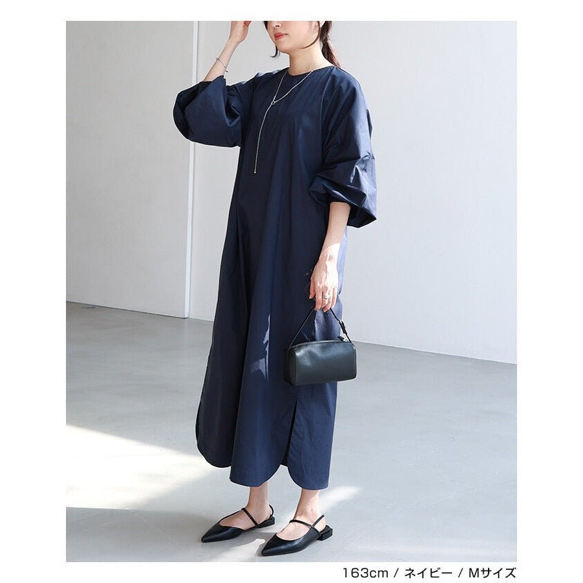 【evernavy】挺身棉混紡澎袖長版洋裝 Japan E-Shop