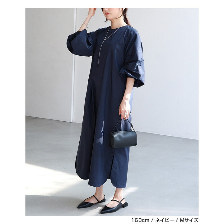 【evernavy】挺身棉混紡澎袖長版洋裝 Japan E-Shop