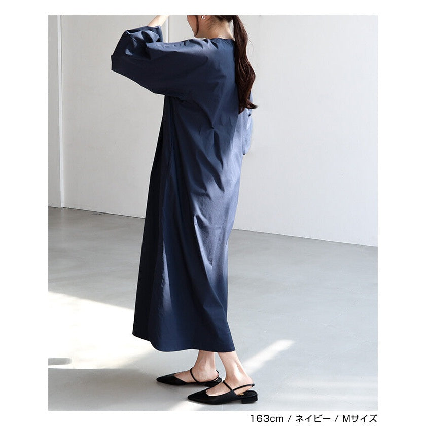 【evernavy】挺身棉混紡澎袖長版洋裝 Japan E-Shop