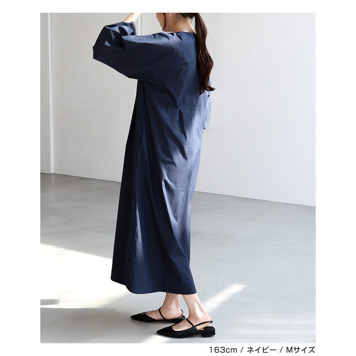 【evernavy】挺身棉混紡澎袖長版洋裝 Japan E-Shop