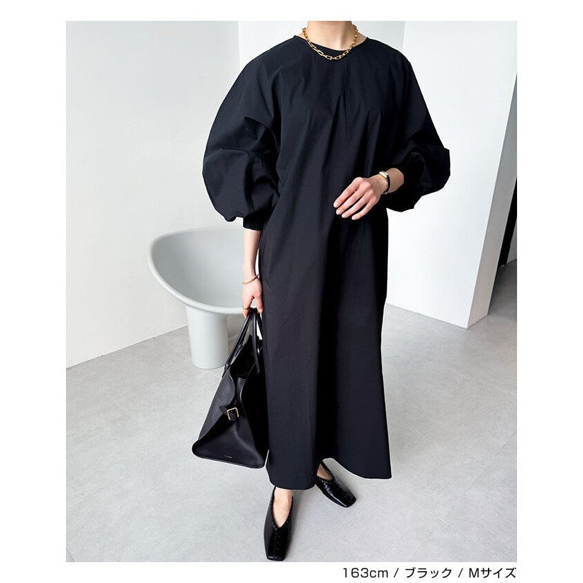 【evernavy】挺身棉混紡澎袖長版洋裝 Japan E-Shop