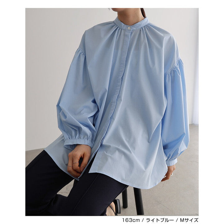 【evernavy】棉混紡易整理抓褶澎袖長版襯衫 Japan E-Shop