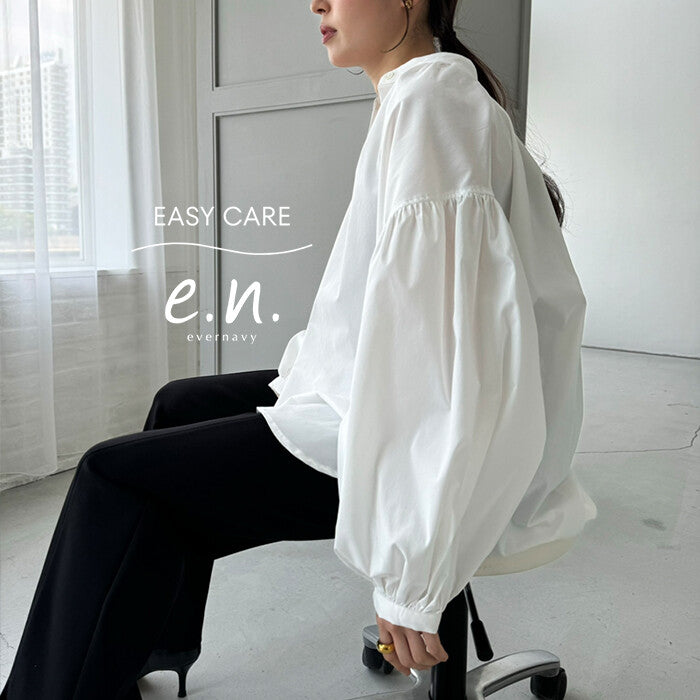 【evernavy】棉混紡易整理抓褶澎袖長版襯衫 Japan E-Shop