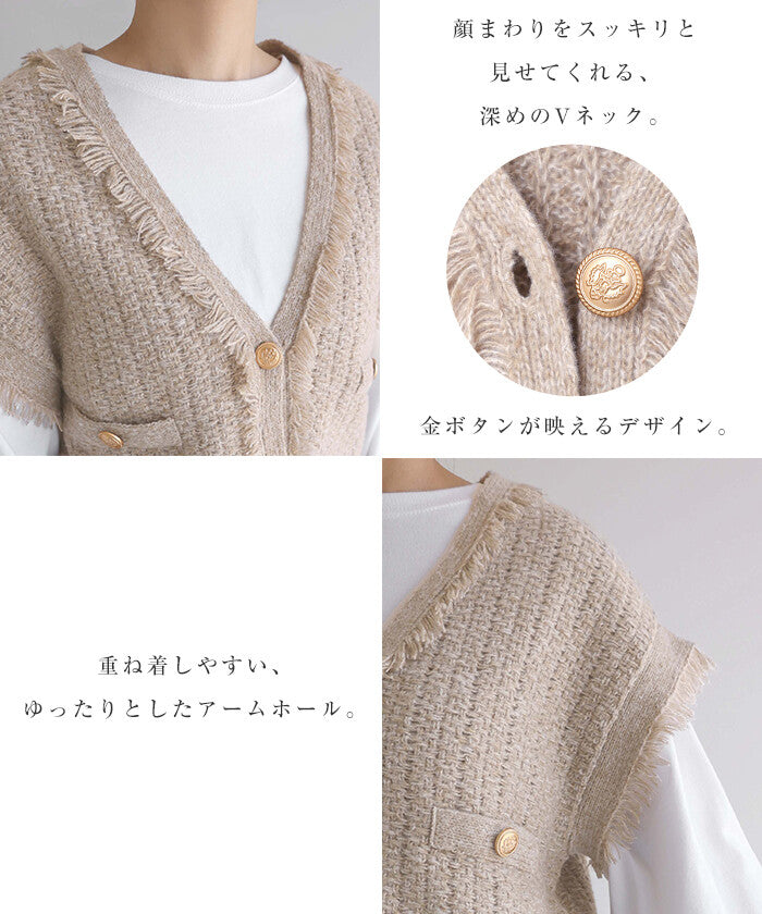 【Alma Design】粗花呢織紋 V領流蘇針織背心 金釦短版 Japan E-Shop