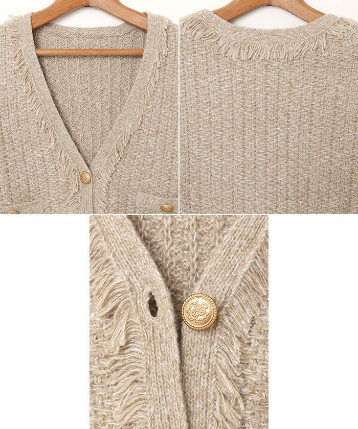 【Alma Design】粗花呢織紋 V領流蘇針織背心 金釦短版 Japan E-Shop