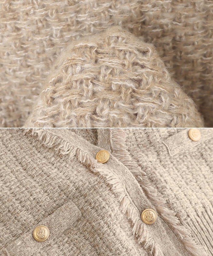 【Alma Design】粗花呢織紋 V領流蘇針織背心 金釦短版 Japan E-Shop
