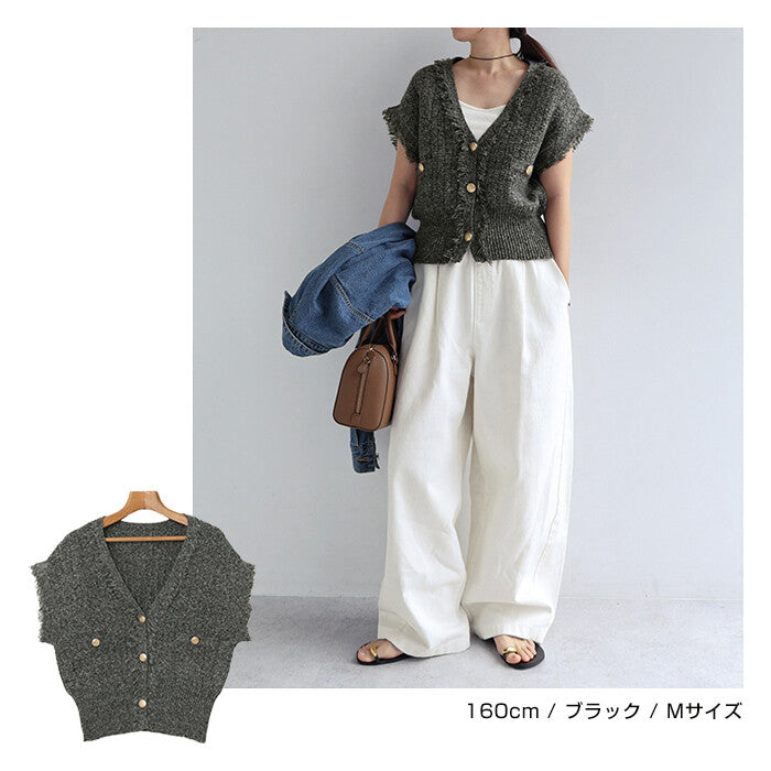 【Alma Design】粗花呢織紋 V領流蘇針織背心 金釦短版 Japan E-Shop