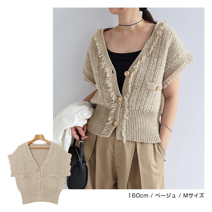 【Alma Design】粗花呢織紋 V領流蘇針織背心 金釦短版 Japan E-Shop