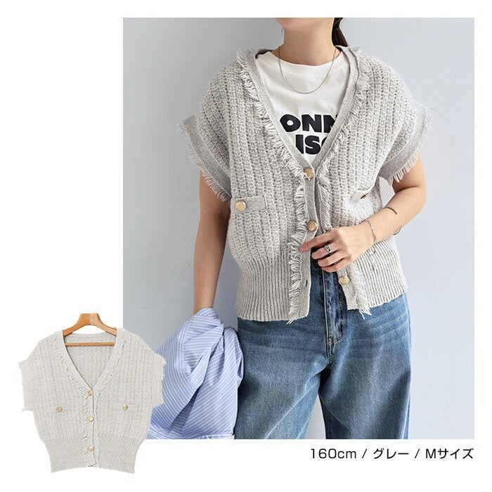 【Alma Design】粗花呢織紋 V領流蘇針織背心 金釦短版 Japan E-Shop