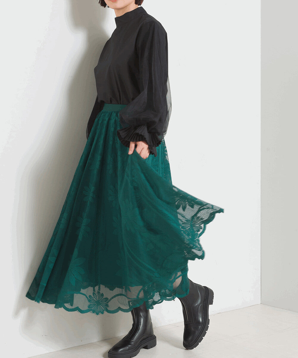 【Bou Jeloud】花卉蕾絲鬆緊中長裙 顏色