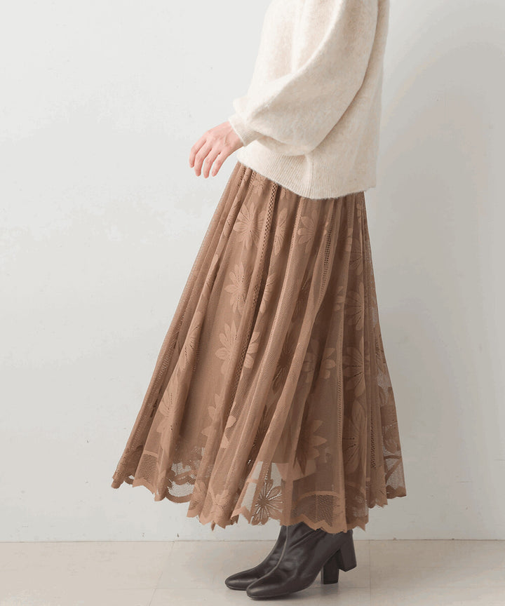 【Bou Jeloud】花卉蕾絲鬆緊中長裙 顏色