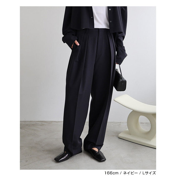 【evernavy】彈性西裝布雙褶繭型寬褲 Japan E-Shop