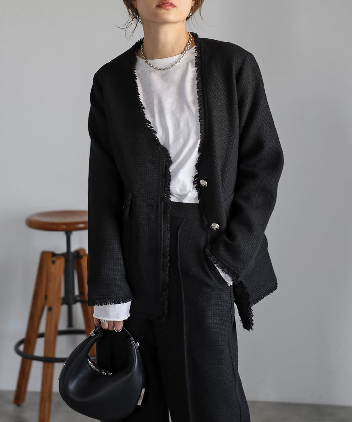 【TOPWHOLE】V領流蘇粗花呢外套 Japan E-Shop