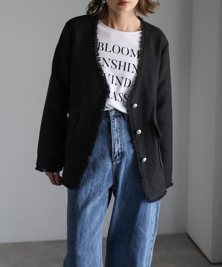 【TOPWHOLE】V領流蘇粗花呢外套 Japan E-Shop
