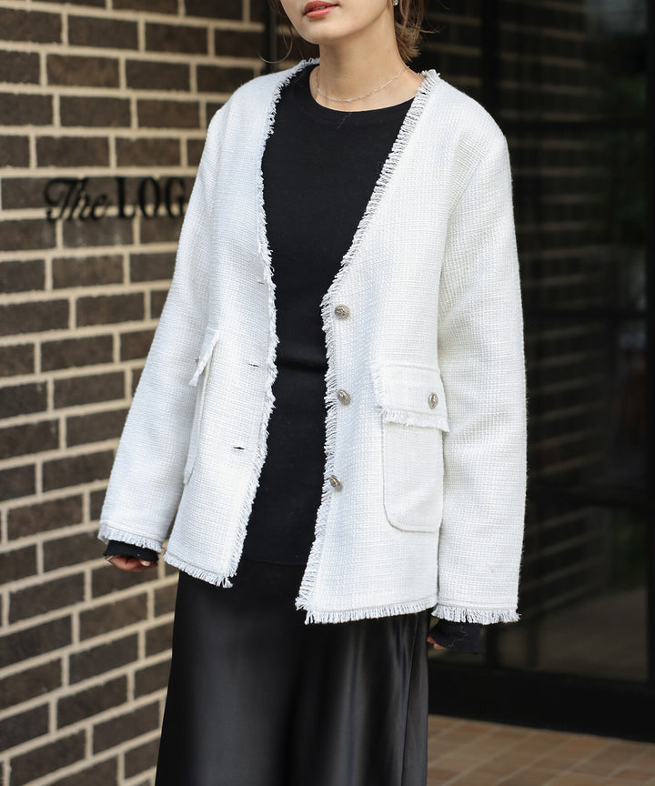 【TOPWHOLE】V領流蘇粗花呢外套 Japan E-Shop