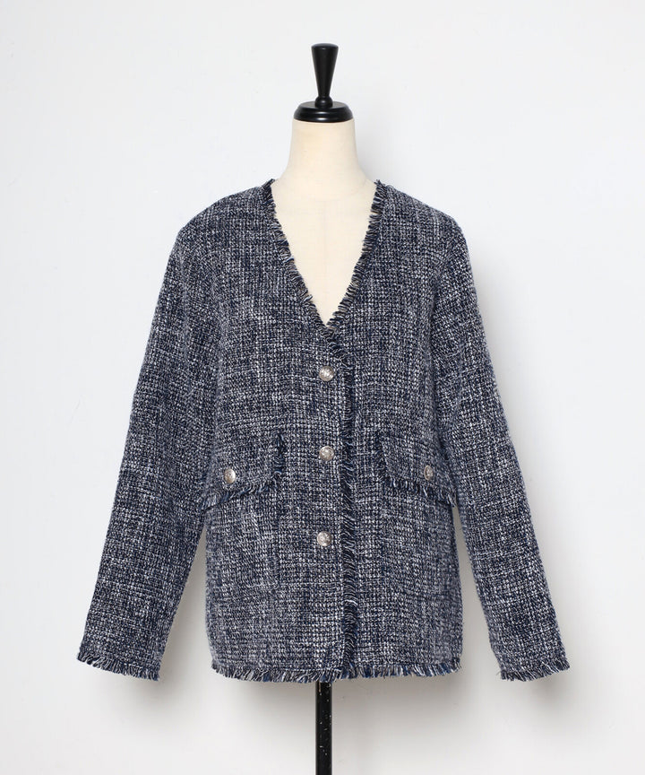 【TOPWHOLE】V領流蘇粗花呢外套 Japan E-Shop