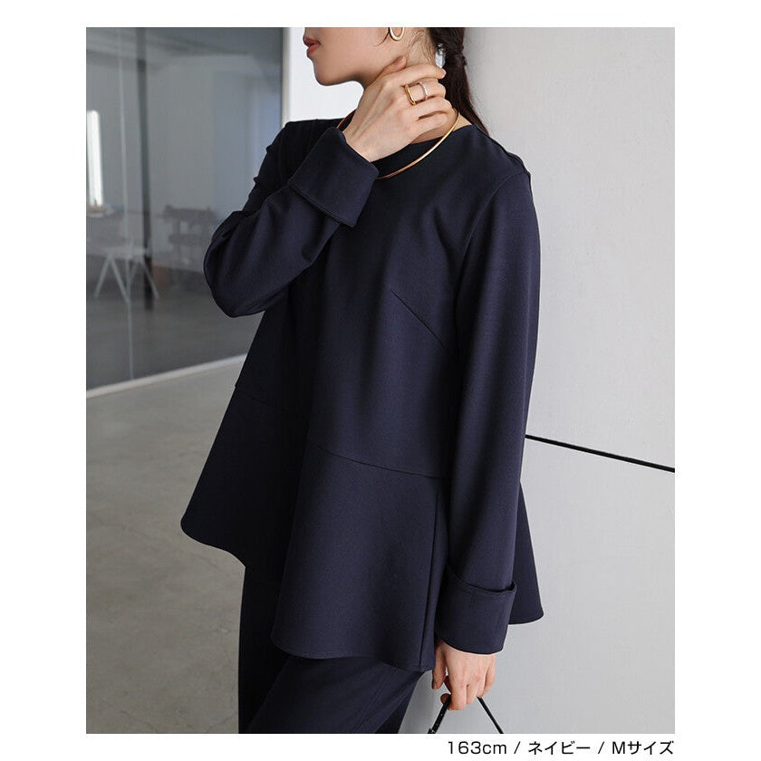【evernavy】彈性羅馬布荷葉下襬長袖上衣 Japan E-Shop