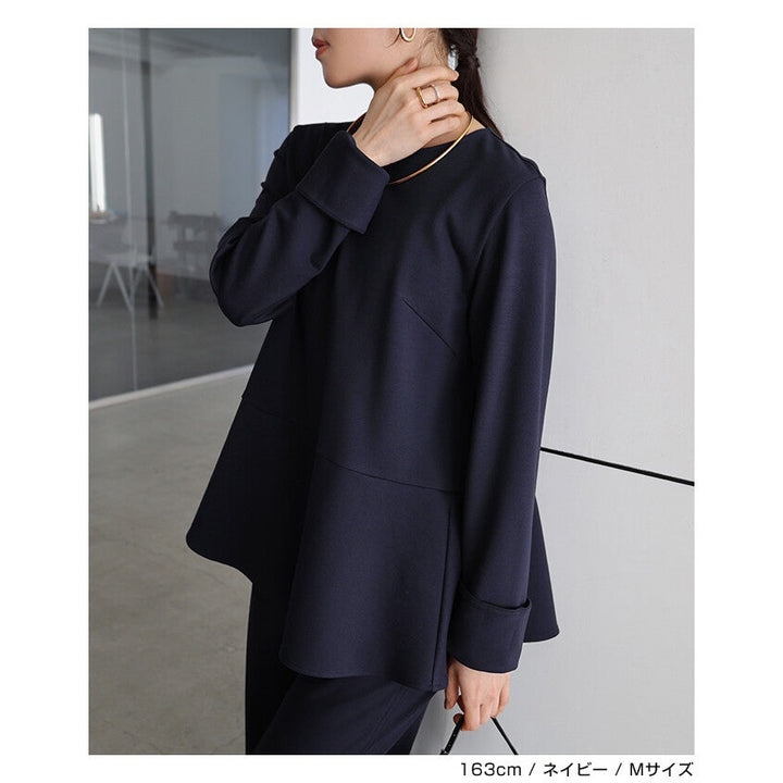 【evernavy】彈性羅馬布荷葉下襬長袖上衣 Japan E-Shop