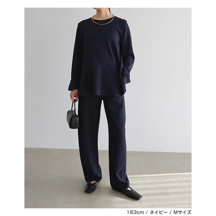 【evernavy】彈性羅馬布荷葉下襬長袖上衣 Japan E-Shop