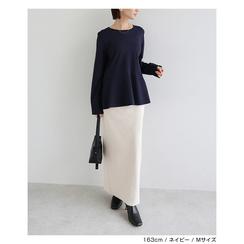 【evernavy】彈性羅馬布荷葉下襬長袖上衣 Japan E-Shop