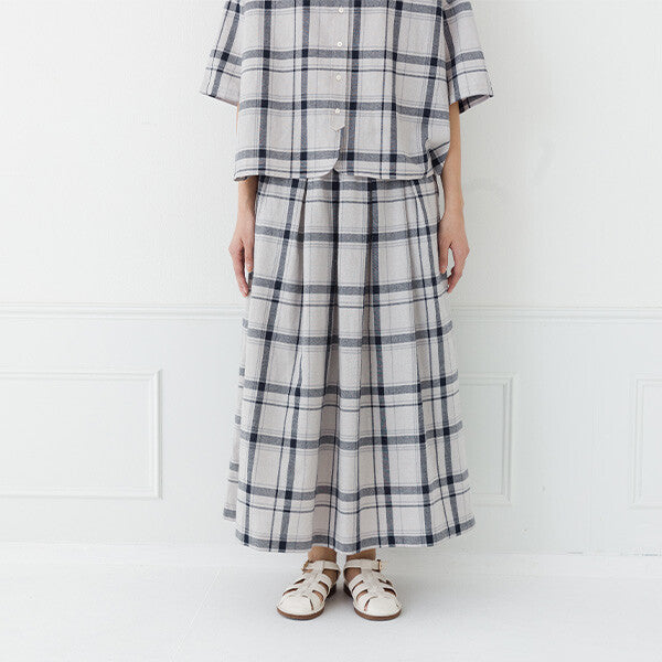 【kermu】棉麻打褶格紋長裙 Japan E-Shop