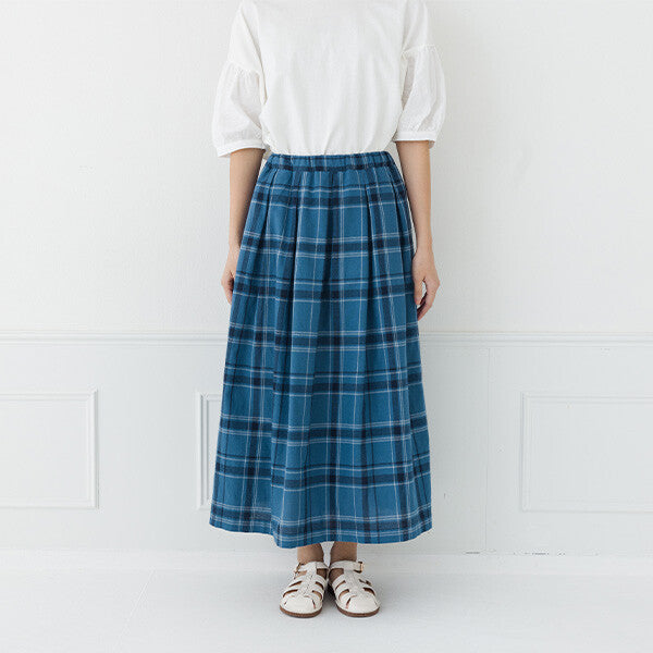 【kermu】棉麻打褶格紋長裙 Japan E-Shop