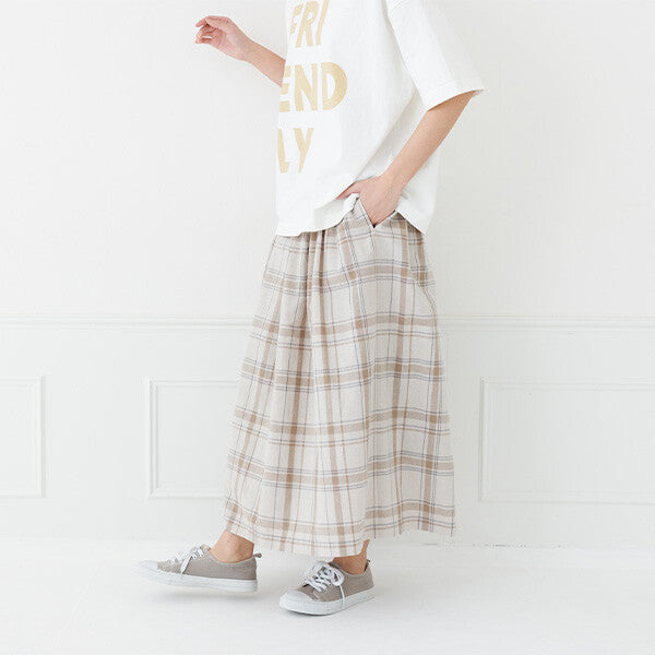 【kermu】棉麻打褶格紋長裙 Japan E-Shop