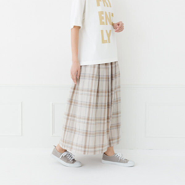 【kermu】棉麻打褶格紋長裙 Japan E-Shop