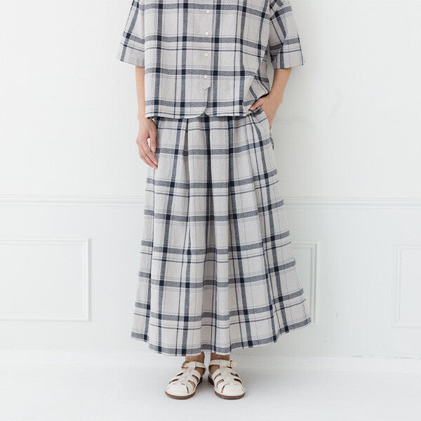 【kermu】棉麻打褶格紋長裙 Japan E-Shop