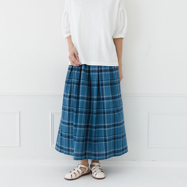 【kermu】棉麻打褶格紋長裙 Japan E-Shop