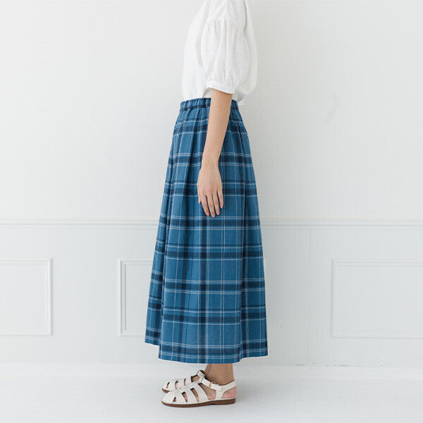 【kermu】棉麻打褶格紋長裙 Japan E-Shop