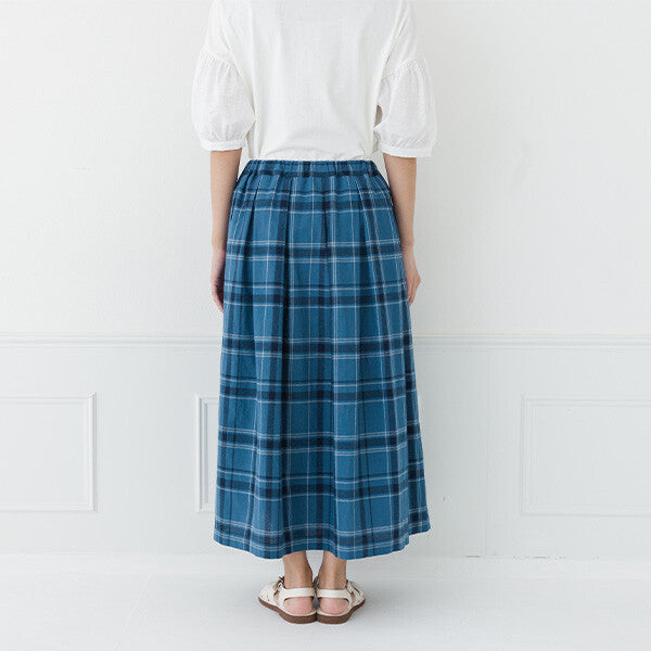 【kermu】棉麻打褶格紋長裙 Japan E-Shop