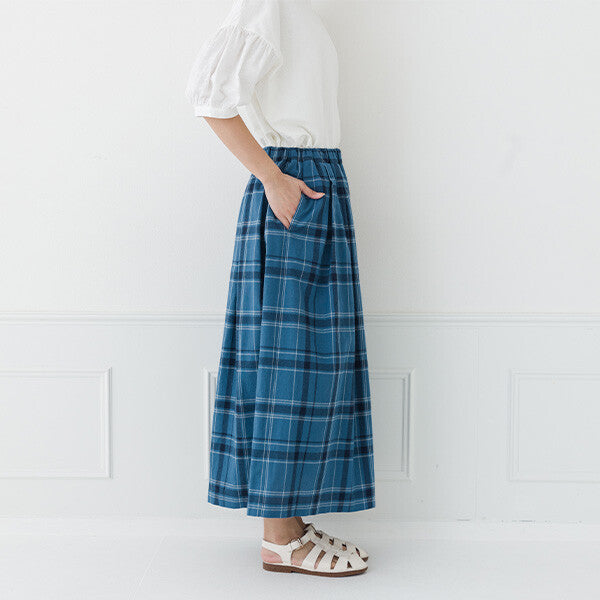 【kermu】棉麻打褶格紋長裙 Japan E-Shop