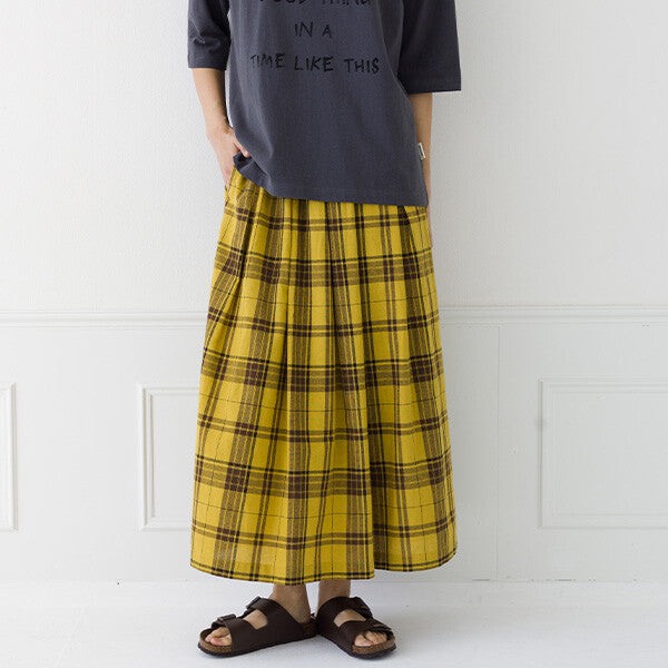 【kermu】棉麻格紋鬆緊腰打褶長裙 Japan E-Shop