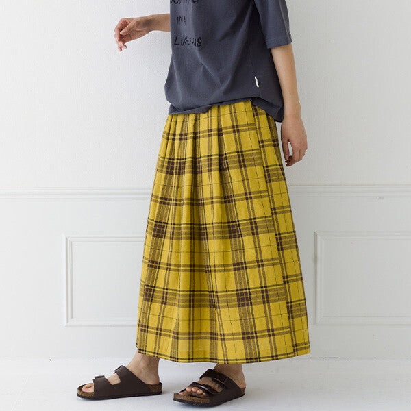 【kermu】棉麻格紋鬆緊腰打褶長裙 Japan E-Shop