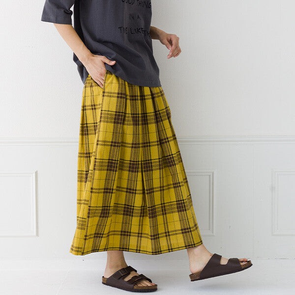 【kermu】棉麻格紋鬆緊腰打褶長裙 Japan E-Shop
