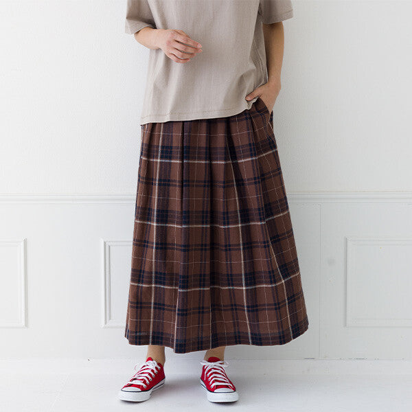 【kermu】棉麻格紋鬆緊腰打褶長裙 Japan E-Shop