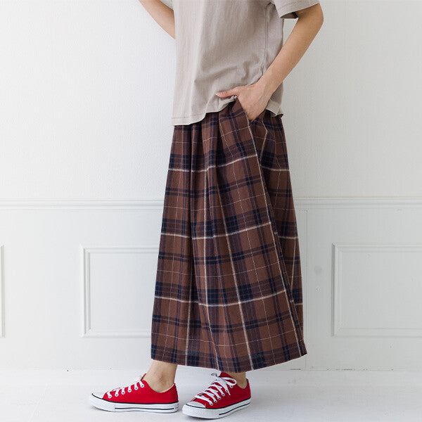 【kermu】棉麻格紋鬆緊腰打褶長裙 Japan E-Shop