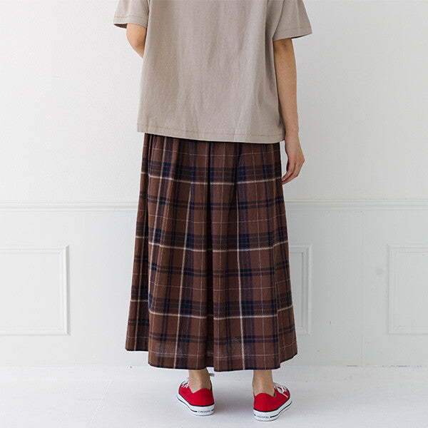 【kermu】棉麻格紋鬆緊腰打褶長裙 Japan E-Shop