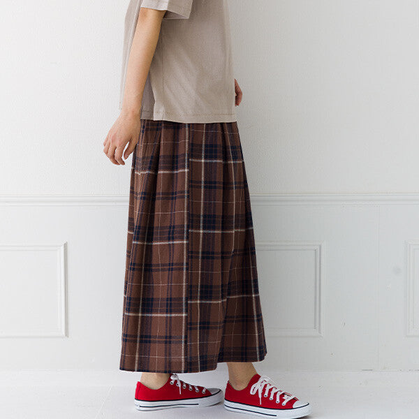 【kermu】棉麻格紋鬆緊腰打褶長裙 Japan E-Shop