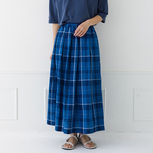 【kermu】棉麻格紋鬆緊腰打褶長裙 Japan E-Shop