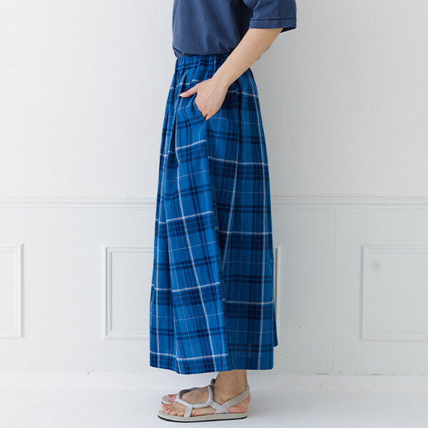 【kermu】棉麻格紋鬆緊腰打褶長裙 Japan E-Shop